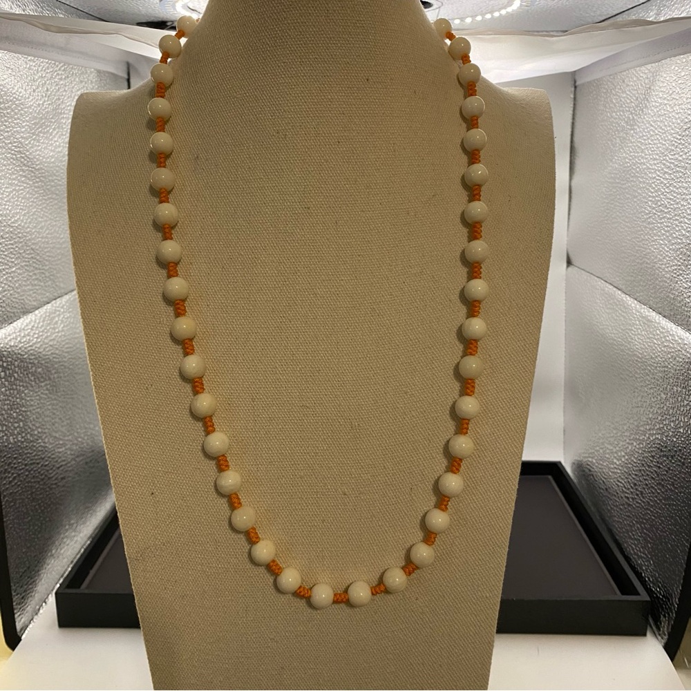 Tent Yue Elegant Milk Glass Bead Necklace with Orange hand tied cord